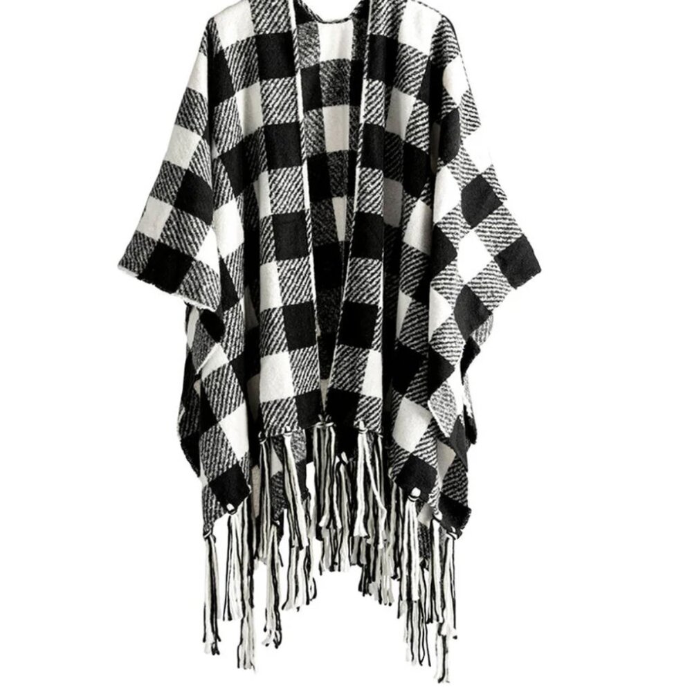 Plaid Winter Cape Wrap, Black and White | New with Tags
